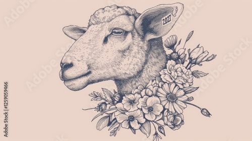 Obraz na płótnie A detailed black and white illustration of a sheep with intricate floral decorations, combining vintage artistic style with elegant natural elements. AI generated. w salonie