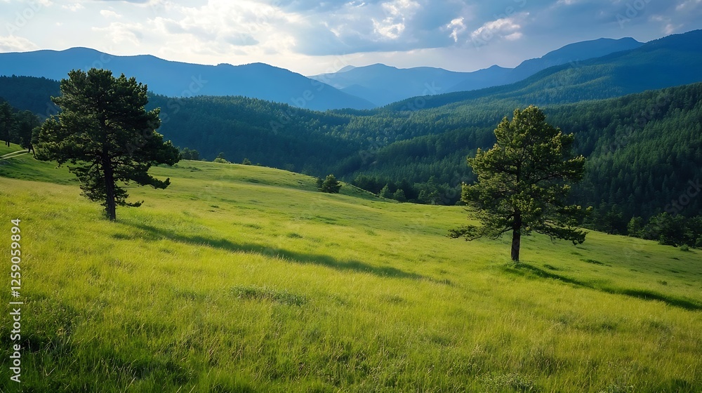Breathtaking panoramic view of lush green mountains under a blue sky with distant peaks : Generative AI Breathtaking panoramic view of lush green mountains under a blue sky with distant peaks : Generative AI