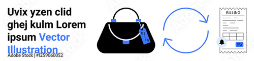 Handbag with tags, circular arrows indicating exchange or return, and billing receipt with payment stamp. Ideal for e-commerce, payment, shopping process, refund policy, returns, transactions flat
