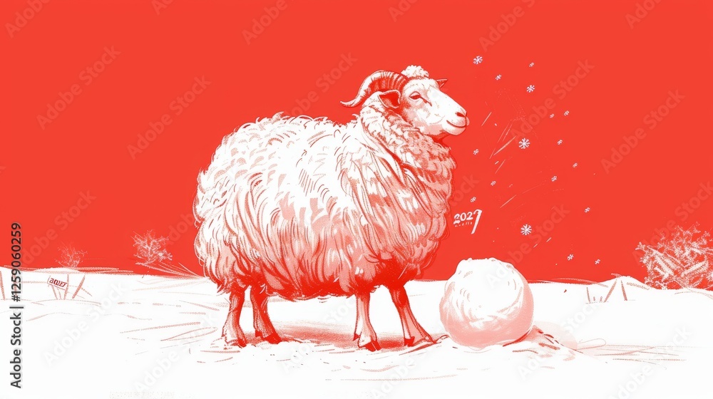 A digitally illustrated sheep standing in a snowy landscape, gazing at a small snowball marked 2027. The bold red background and delicate snowfall create a festive New Year's atmosphere.