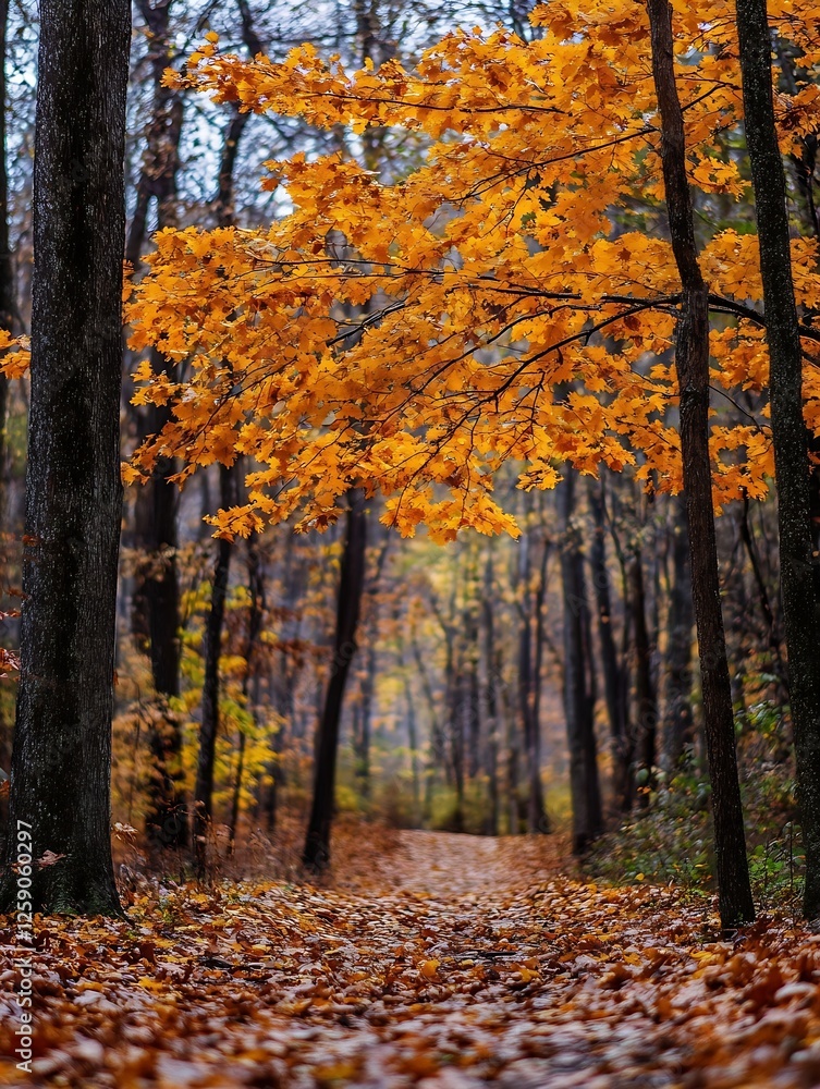 Beautiful autumn forest path with vibrant orange leaves and tranquil atmosphere : Generative AI Beautiful autumn forest path with vibrant orange leaves and tranquil atmosphere : Generative AI