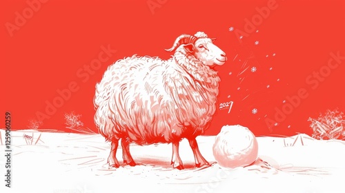 Obraz na płótnie A digitally illustrated sheep standing in a snowy landscape, gazing at a small snowball marked 2027. The bold red background and delicate snowfall create a festive New Year's atmosphere. w salonie