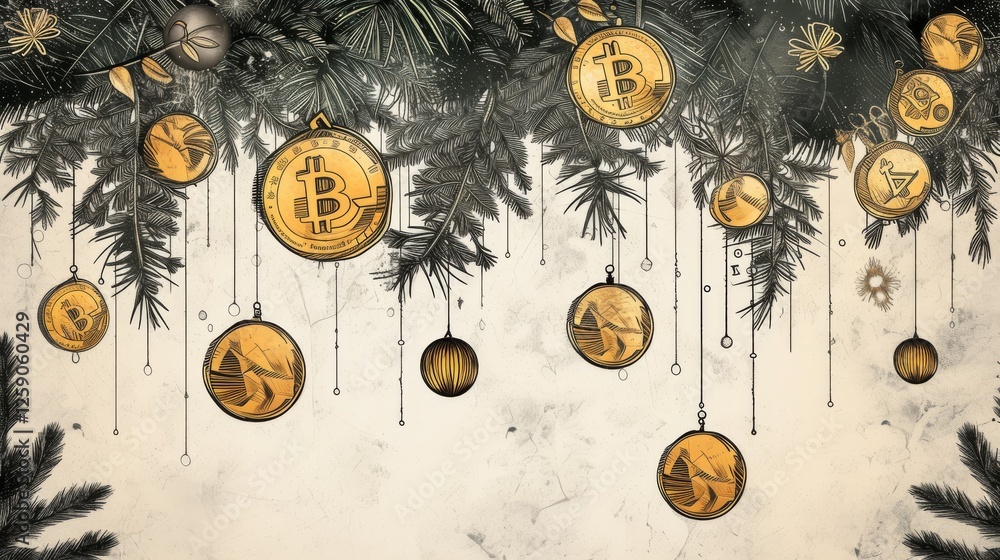 A creative holiday illustration featuring Bitcoin and cryptocurrency-themed ornaments hanging from lush green pine branches, merging festive traditions with modern digital finance. AI generated.