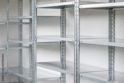 Metal rack shelves in a home garage for goods storage