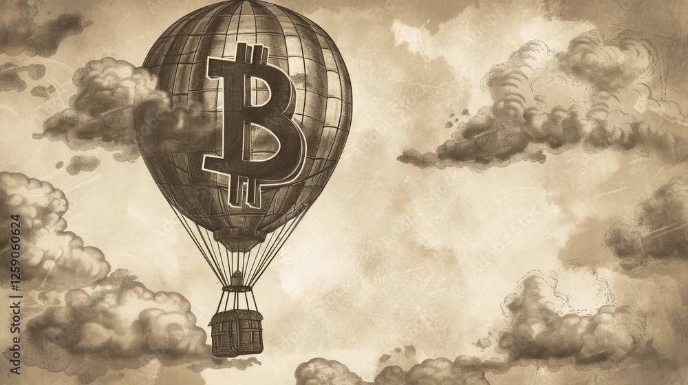 A vintage-style illustration of a hot air balloon featuring a Bitcoin symbol, soaring among clouds. The sepia-toned artwork conveys a nostalgic and surreal feel. AI generated.