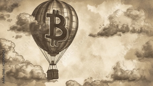 Obraz na płótnie A vintage-style illustration of a hot air balloon featuring a Bitcoin symbol, soaring among clouds. The sepia-toned artwork conveys a nostalgic and surreal feel. AI generated. w salonie