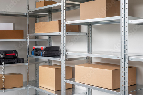 Cardboard and plastic tool boxes on silver stainless steel metal shelving units with adjustable shelves. Organized storage and logistics