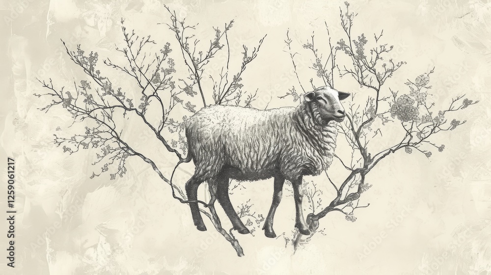 A detailed black-and-white illustration of a sheep intertwined with delicate tree branches, set against a vintage textured background. The artwork blends nature and wildlife in a surreal composition