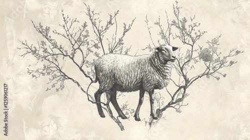Obraz na płótnie A detailed black-and-white illustration of a sheep intertwined with delicate tree branches, set against a vintage textured background. The artwork blends nature and wildlife in a surreal composition w salonie