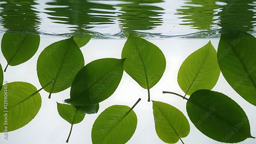 A refreshing splash of nature. Green leaves emerge from the water's surface creating ripples and a sense of renewal and sustainability A refreshing splash of nature. Green leaves emerge from the water's surface creating ripples and a sense of renewal and sustainability