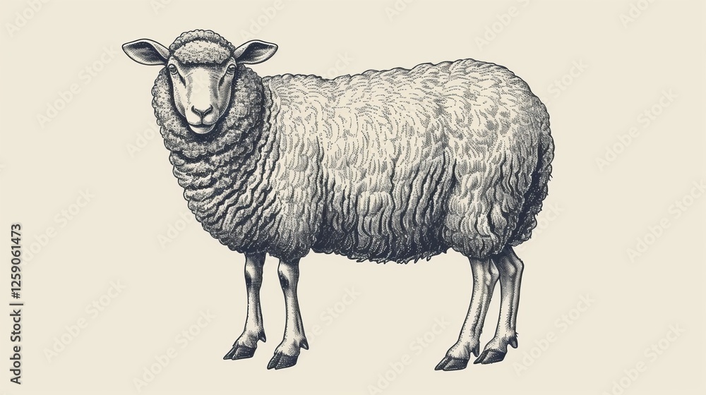 A detailed black and white vintage-style etching of a sheep standing in profile. The illustration showcases intricate wool texture and a classic hand-drawn aesthetic. AI generated.