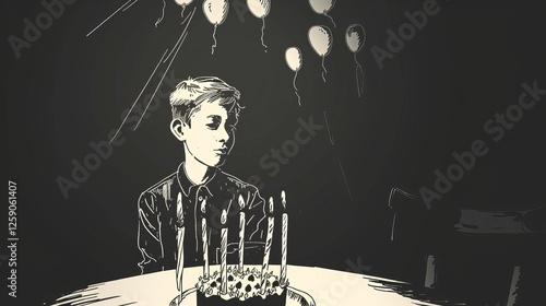 Obraz na płótnie A monochrome digital illustration of a young boy sitting alone at a table with a birthday cake, surrounded by balloons. The melancholic mood enhances the emotional depth. AI generated. w salonie