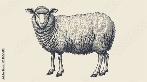 Obraz na płótnie A detailed black and white vintage-style etching of a sheep standing in profile. The illustration showcases intricate wool texture and a classic hand-drawn aesthetic. AI generated. w salonie