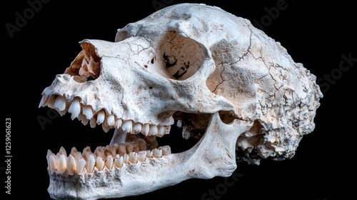 Fossilized primate skull with an open jaw and sharp teeth isolated on a black background for paleontology study.