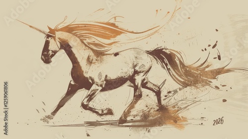Obraz na płótnie A beautiful digital illustration of a unicorn galloping across a dreamy, abstract landscape. Expressive brush strokes and earthy tones give the artwork a magical quality. AI generated. w salonie