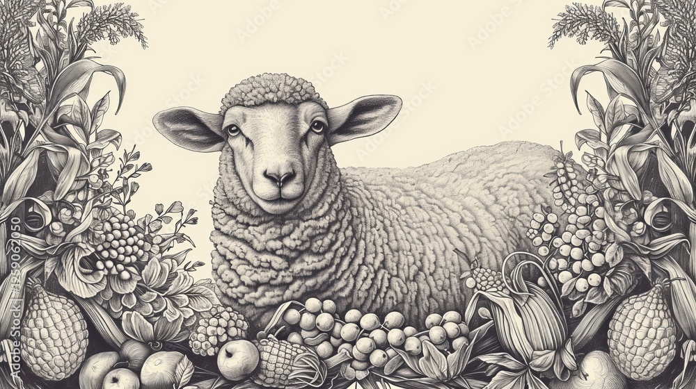 A finely detailed monochrome illustration of a sheep nestled among an abundant harvest of fruits and grains. The vintage engraving style highlights its pastoral elegance. AI generated.