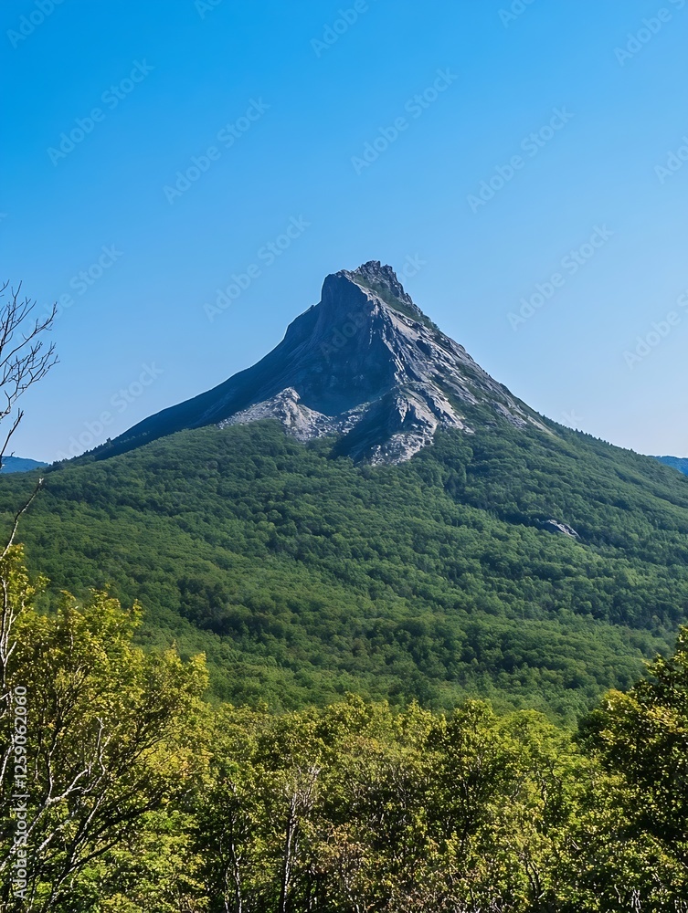 Obraz premium Stunning Rocky Mountain Peak Surrounded by Lush Green Forest Under Clear Blue Sky : Generative AI