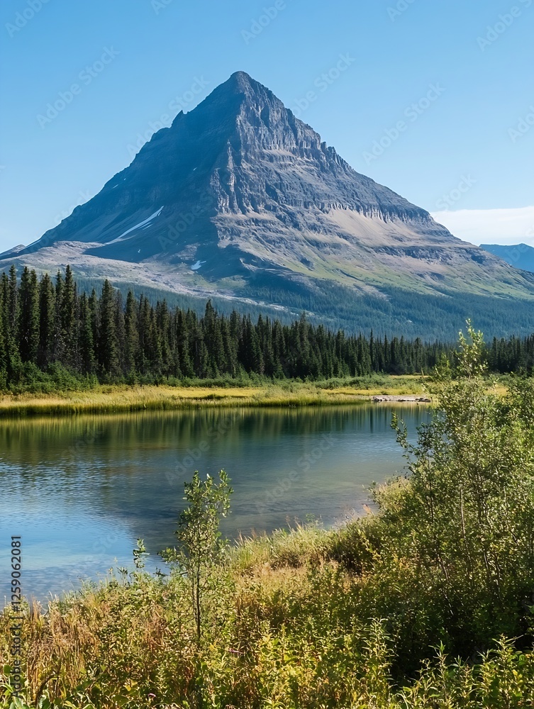 Majestic mountain landscape reflecting in serene blue lake under clear sky : Generative AI Majestic mountain landscape reflecting in serene blue lake under clear sky : Generative AI