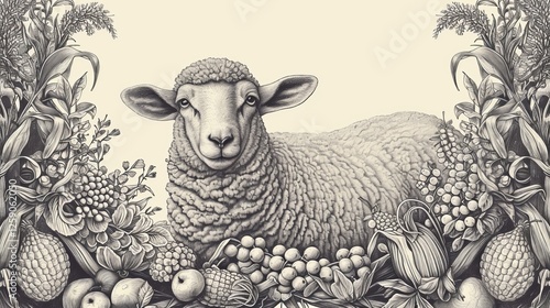 Obraz na płótnie A finely detailed monochrome illustration of a sheep nestled among an abundant harvest of fruits and grains. The vintage engraving style highlights its pastoral elegance. AI generated. w salonie