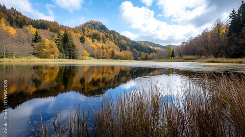 Breathtaking Autumn Landscape with Reflections on Still Lake Waters : Generative AI