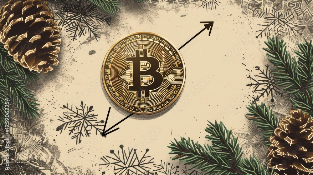 A stylized digital illustration of a Bitcoin coin surrounded by festive pine branches and arrows depicting market fluctuations, symbolizing crypto volatility. AI generated.