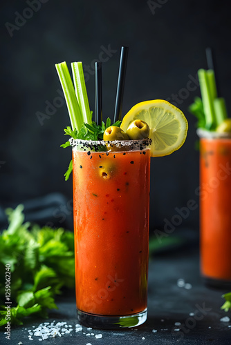 Bloody mary cocktail garnished with celery stalks, olives, lemon, and black salt rim photo