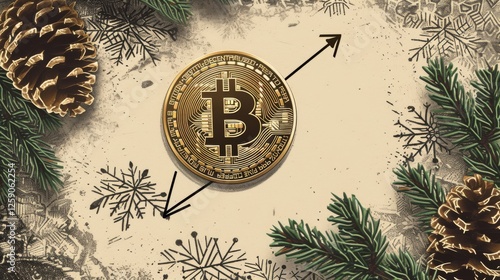 Obraz na płótnie A stylized digital illustration of a Bitcoin coin surrounded by festive pine branches and arrows depicting market fluctuations, symbolizing crypto volatility. AI generated. w salonie