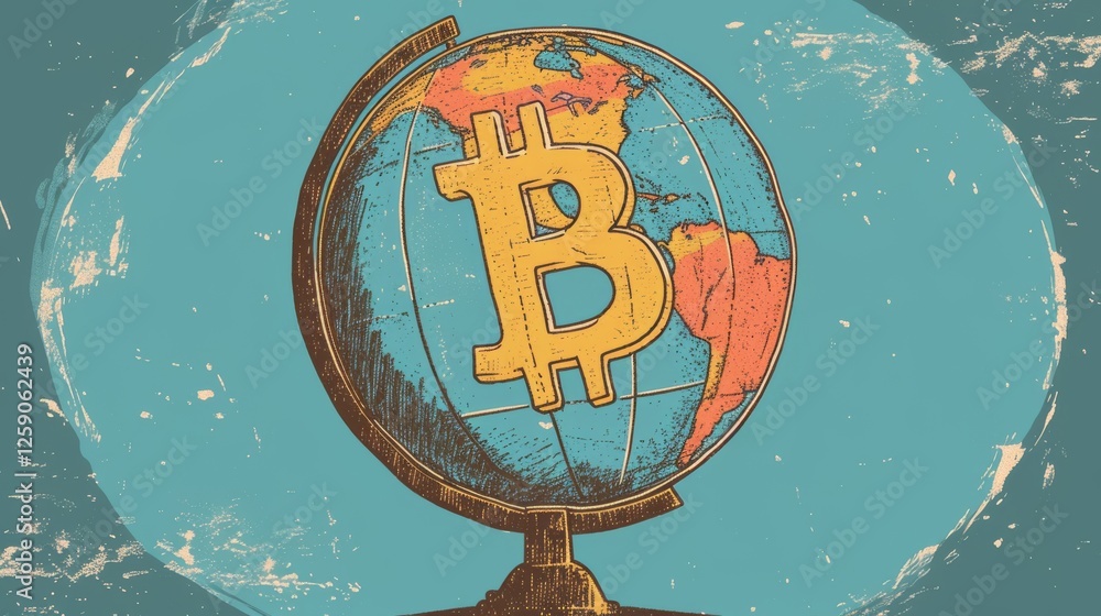 A creative digital illustration of a globe with the Bitcoin symbol, emphasizing its role in the global economy. The colorful design enhances the futuristic financial theme. AI generated.