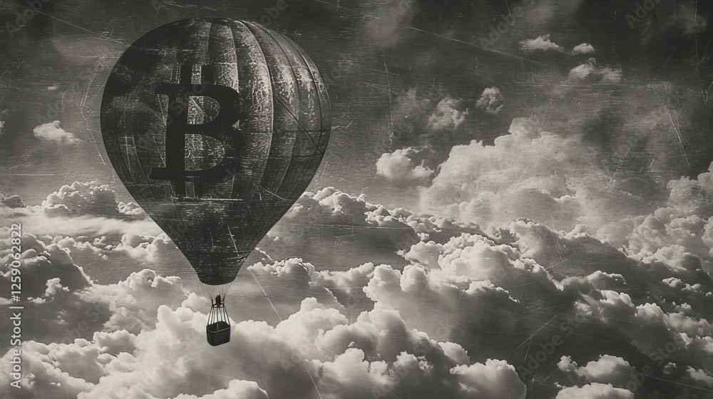 A nostalgic black-and-white illustration of a Bitcoin-branded hot air balloon floating high among the clouds. The monochrome aesthetic evokes a classic, timeless adventure theme. AI generated.