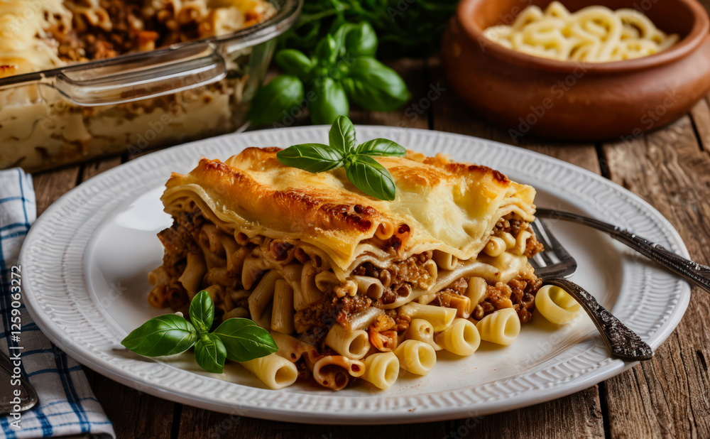 Greek Pastitsio Served on a Plate with Rustic Table Setting Greek Pastitsio Served on a Plate with Rustic Table Setting