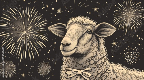 Obraz na płótnie A close-up portrait of a sheep in vintage etching style, set against an enchanting background of fireworks. The artistic rendering and detailed shading create a whimsical yet elegant festive feel. AI w salonie