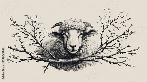 A highly detailed monochrome illustration featuring a sheep surrounded by intricate, blossoming tree branches. The artistic rendering blends realism and fantasy, creating a striking visual. AI