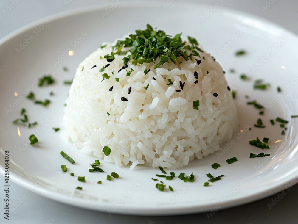 Steamed rice served on a white plate with garnish. Featuring a minimalist presentation. Emphasizing simplicity and elegance in dining. Ideal for culinary magazines and gourmet food blogs. Steamed rice served on a white plate with garnish. Featuring a minimalist presentation. Emphasizing simplicity and elegance in dining. Ideal for culinary magazines and gourmet food blogs.