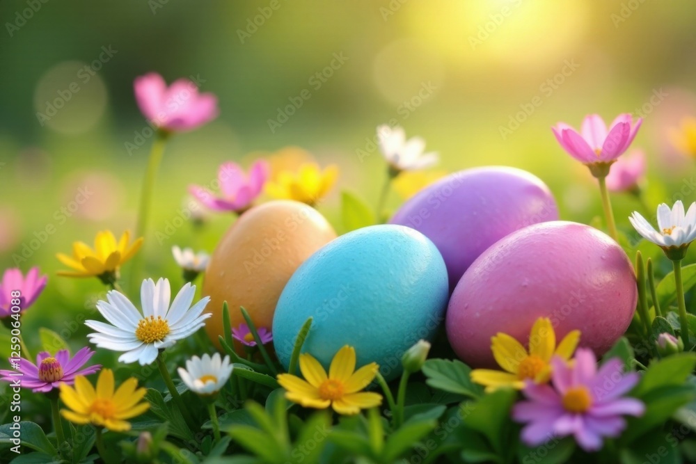A cluster of Easter eggs nestled among the soft petals of a colorful meadow filled with wildflowers , spring, meadow, easter eggs A cluster of Easter eggs nestled among the soft petals of a colorful meadow filled with wildflowers , spring, meadow, easter eggs