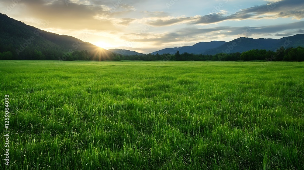 Fototapeta premium Beautiful Green Field at Sunset with Mountains in the Background and Dramatic Sky : Generative AI