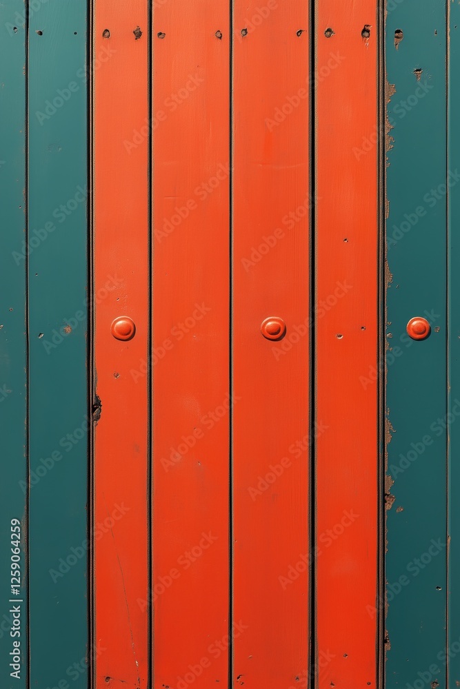 Fototapeta premium Colorful wooden door with contrasting red and green vertical panels in a rustic setting