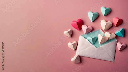 Colorful paper hearts scattered around an open envelope against a pastel background