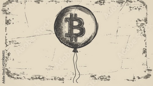 A monochrome sketch of a Bitcoin-themed balloon floating against a textured, antique-style background. The artwork represents economic speculation and financial uncertainty. AI generated.