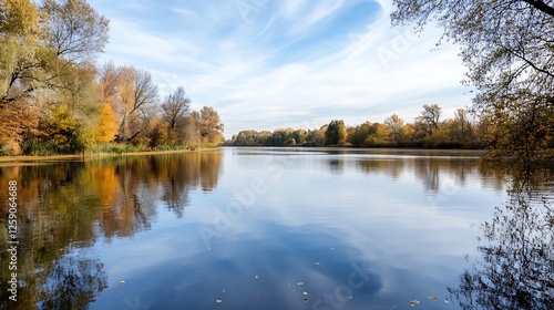 Tranquil Reflection of Autumn Trees in a Serene Lake Under a Blue Sky : Generative AI