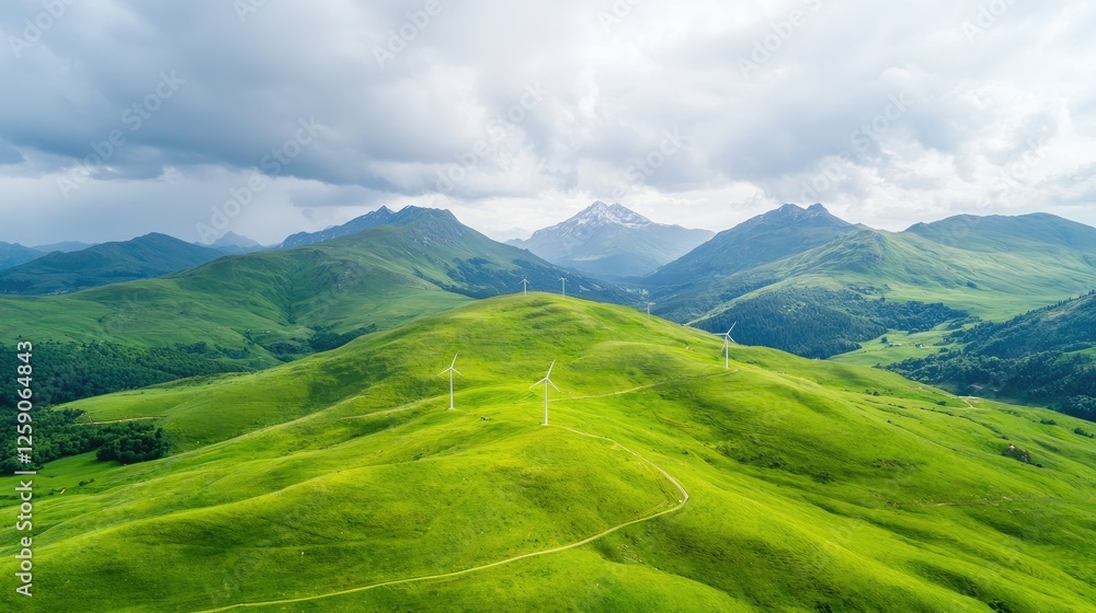 Fototapeta premium Green hills, wind turbines, mountain backdrop, aerial view, renewable energy