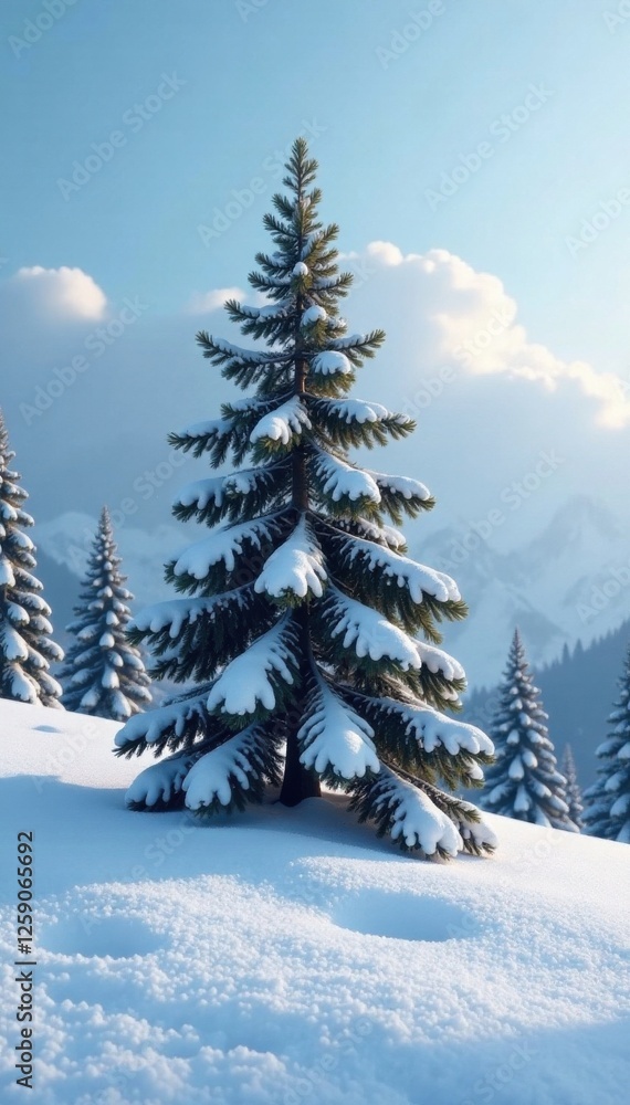 Fototapeta premium A lone pine tree stands tall amidst a blanket of fresh snow, coniferous forest, winter foliage