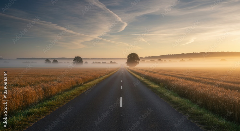 Naklejka premium Asphalt Road Through Golden Wheat Field with Foggy Sunrise Landscape