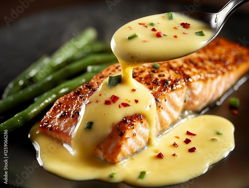 Sauce hollandaise sur un filet de saumon grillé avec des haricots verts photo