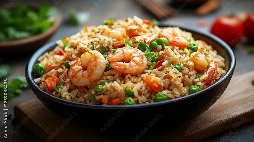 Traditional Chinese fried rice with shrimp and vegetables. Featuring a flavorful and savory dish. Highlighting the texture and flavors of the fried rice and shrimp. Ideal for food and cultural themes. Traditional Chinese fried rice with shrimp and vegetables. Featuring a flavorful and savory dish. Highlighting the texture and flavors of the fried rice and shrimp. Ideal for food and cultural themes.