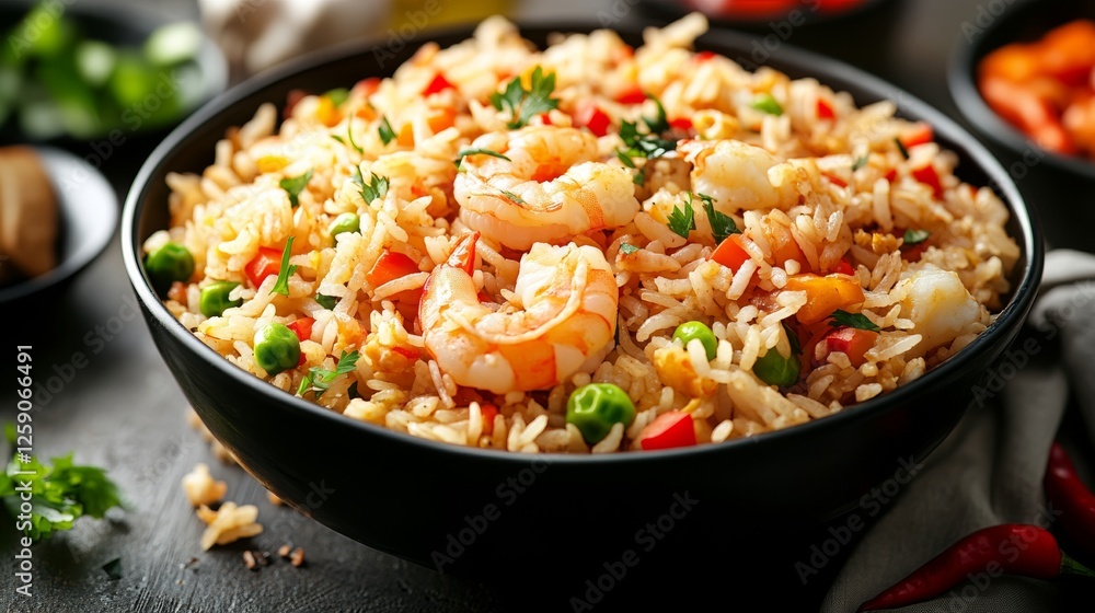 Traditional Chinese fried rice with shrimp and vegetables. Featuring a flavorful and savory dish. Highlighting the texture and flavors of the fried rice and shrimp. Ideal for food and cultural themes. Traditional Chinese fried rice with shrimp and vegetables. Featuring a flavorful and savory dish. Highlighting the texture and flavors of the fried rice and shrimp. Ideal for food and cultural themes.