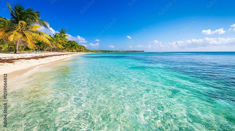 Stunning Tropical Beach Landscape with Clear Water and Palm Trees under Bright Sunny Sky : Generative AI Stunning Tropical Beach Landscape with Clear Water and Palm Trees under Bright Sunny Sky : Generative AI