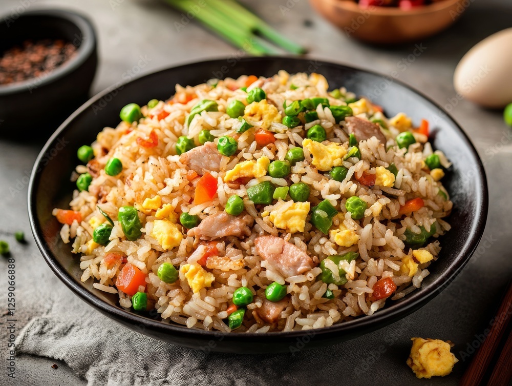 Traditional Chinese fried rice with vegetables and eggs. Featuring a savory and satisfying dish. Highlighting the texture and flavors of the fried rice. Ideal for food and culinary themes. Traditional Chinese fried rice with vegetables and eggs. Featuring a savory and satisfying dish. Highlighting the texture and flavors of the fried rice. Ideal for food and culinary themes.