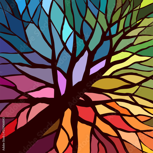 Background mosaic tree background made of different pieces. a tree with branches and lumpy mosaic gaps in the style of antique vintage cathedral smalts and frescoes. Beautiful colorful background