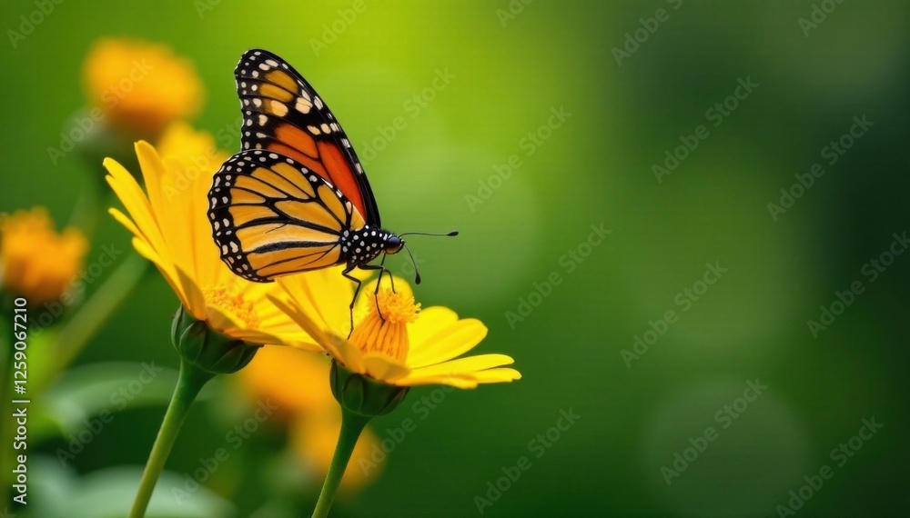 Fototapeta premium A monarch butterfly sips nectar from a bright yellow flower, blooming, nature, floral