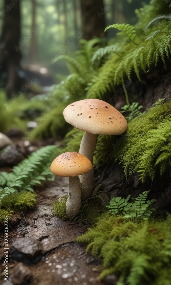 A mushroom growing through cracked earth surrounded by moss and ferns , organic, growth, fungi A mushroom growing through cracked earth surrounded by moss and ferns , organic, growth, fungi